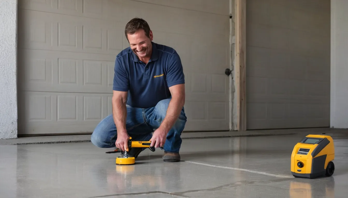 A provider checking a concrete garage slab for cracks and moisture near Arlington