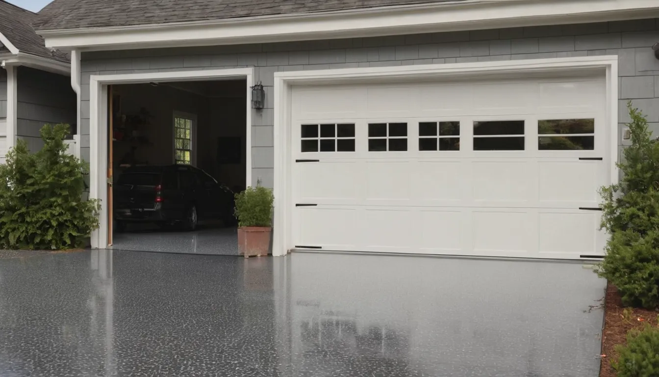 A freshly coated epoxy garage floor in a Arlington home with sunlight on the glossy surface